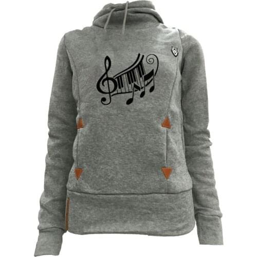 Funny Music Notes Piano Print Pocket Hoodies Women Kawaii Women Femmes Spring Autumn Valentine Gift Cotton Sweatshirt