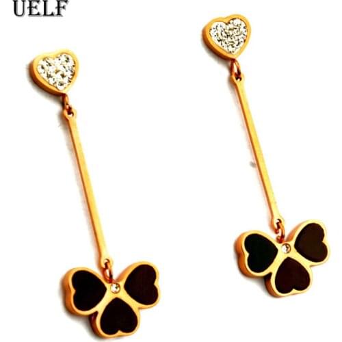 Uelf Korean Clover Heart gold Drop Earrings Exquisite Rhinestone women metal Drop Earrings Elegant women Earrings Accessory Gift