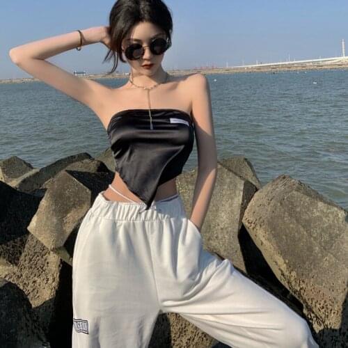 WOMENGAGA Summer Clothing For Women Hot Girl Sexy Backless Chest Wrapping Tank Tops Satin Labeling Irregular Tube Top 4Q0Q