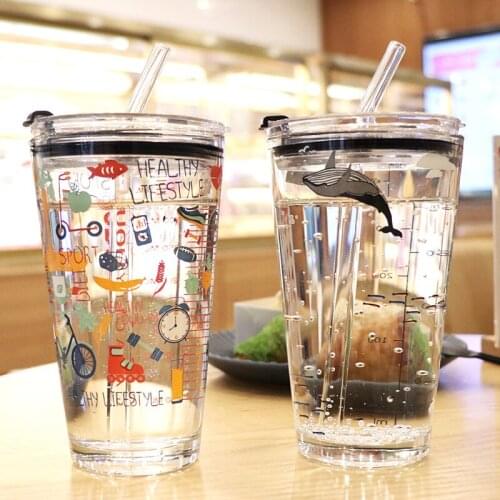 450ml Lovely Funny Glass Milk Juice Tea Cup Water Bottle with Straw for Kids and Adult Printing Pattern Graduated Drinkware