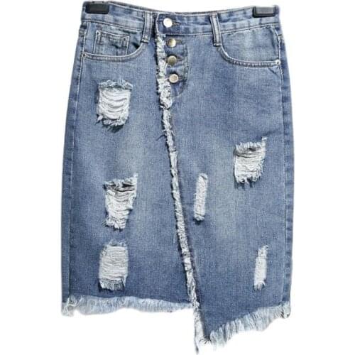 Plus Size S-5XL Midi Knee Length Denim Skirt Hole Button High Waist Skirt Female Short Denim Skirt Mini Denim Skirt