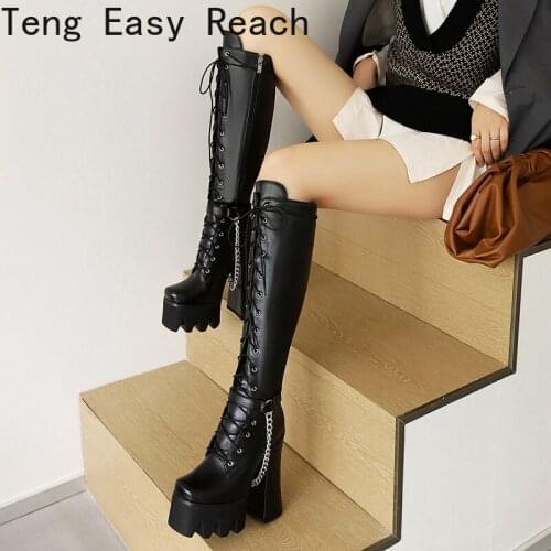 2021 Winter Chunky Platform Pu Leather Knee High Boots Women Retro Punk Height Increasing Long Boots Woman Lace Up Botas Mujer