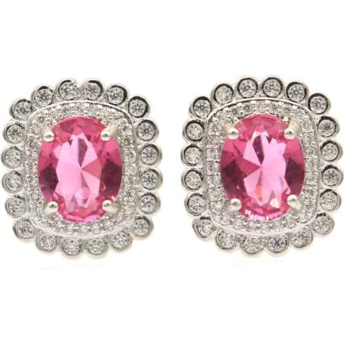 18x15mm Beautiful Created Square Shape Pink Tourmaline White Zircon Gift For Ladies Daily Wear Silver Earrings