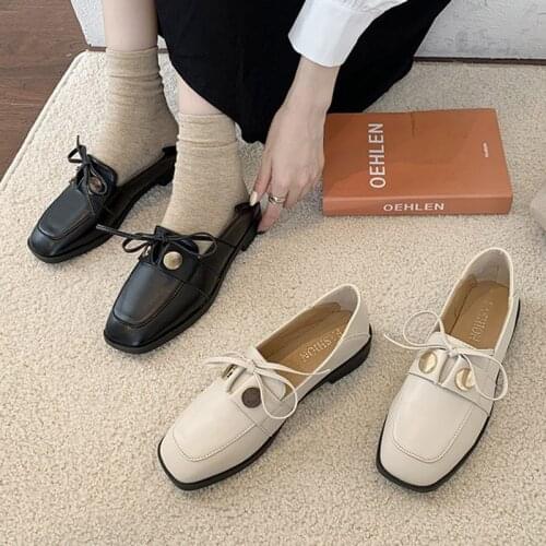 2021 Spring New Style Women Flats Lace Up Leather Casual Shoes Square Toe Oxford Shoes Round Metal Ladies Brogue Shoes 9034G