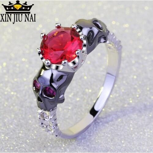 Female Red crystal Stone Skull Ring Fashion 925 silver Jewelry Vintage Wedding Punk ruby Rings For Women/men Birthday Gift