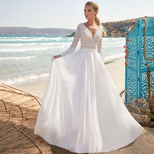 2021 New Chiffon Beach Wedding Dress Elegant Lace Long Sleeve Sexy V-Neck Sweep Train Bridal Gowns Vestido De Novia