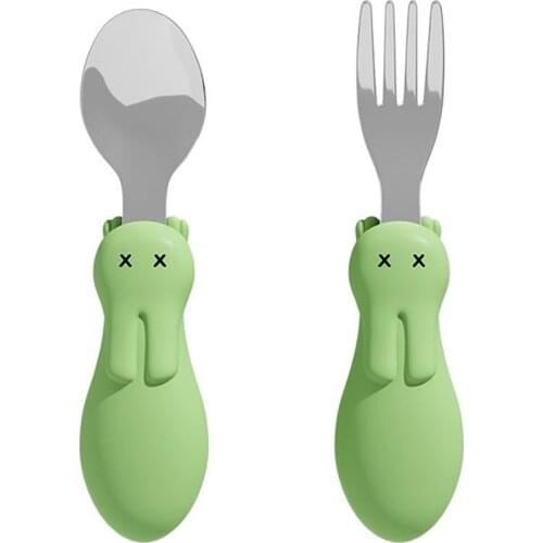 2Pcs/Set Baby Utensils Short Handle Anti-rust Adorable Soft Handle Cartoon Tablewares for Infant Baby Gadgets Dinnerware Set