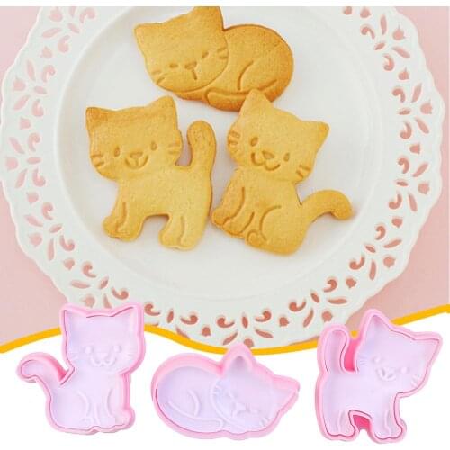 3Pcs/Set Cat Cookie Biscuit Plunger Cutter Fondant Cake Mold Baking Kitchen