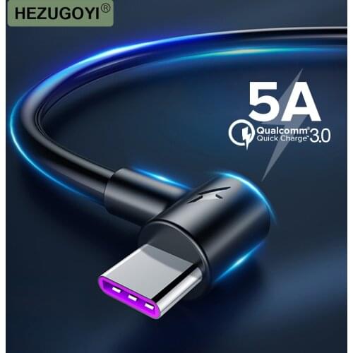 5A USB Type C Cable 90 Degree Fast Charging For Samsung Xiaomi Huawei Honor Mobile Phone Charger Cable USB C Quick Charge Wire