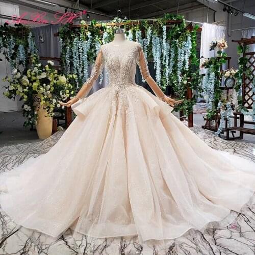AnXin SH Luxury princess flower champagne lace o neck beading crystal long sleeve white bride wedding dress 100% real photo