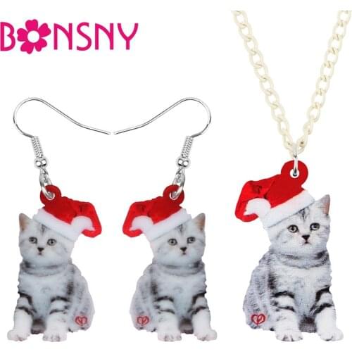 Bonsny Acrylic Christmas Hat Short Hair Cat Kitten Jewelry Sets Necklace Earrings Animal Jewelry For Women Girls Teens Accessory