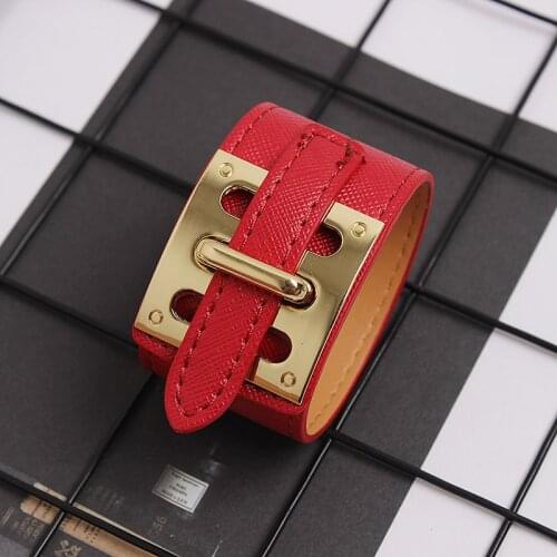 10 Colors Single Layer Wide Cowhide Leather Gold H Steel Clasp Style Bracelets Bangle For Men Women Fashion Wrist Jewelry