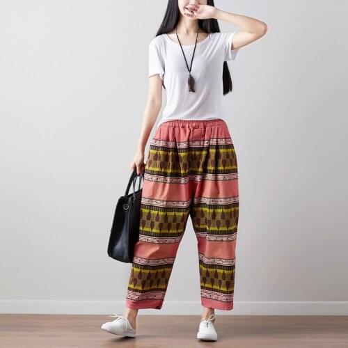 New cotton and linen women pants plus size elastic waist trousers striped printed harem pants casual washed vintage streetwear