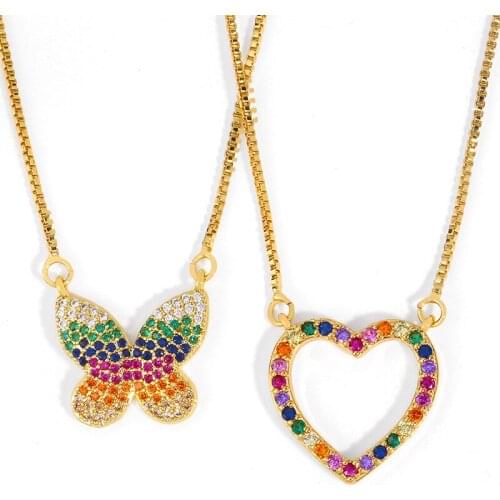 CZ Multicolor Butterfly Necklace For Women Crystal Heart Pendant Necklace Stone Cubic Zirconia Gold Filled Jewelry Gifts nkeq93