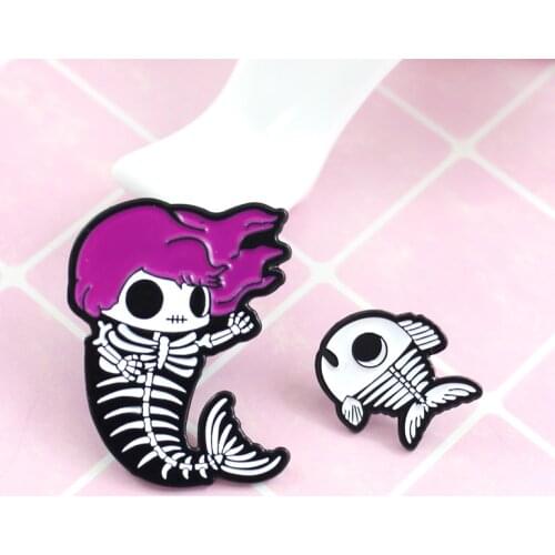 Fashion Trend Mermaid Skeleton Fishbone Brooch Purple Hair Mermaid Skeleton Children Enamel Pin Emblem Brooch