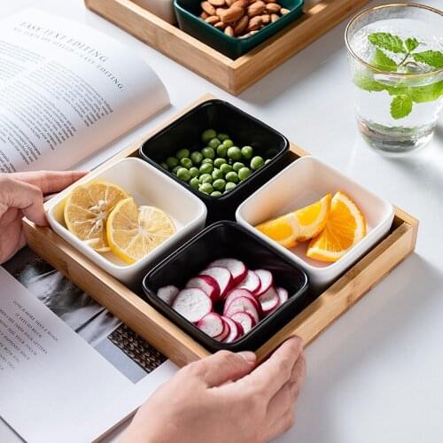 Ceramic Bamboo Wood Fruit Foods Tray Multi Grid Japanese Snack Bowl Serving Trays Household Salad Plate Dish Kitchen Tableware