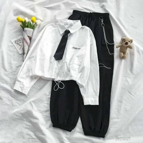 2021 Autumn New Women Sets Female Korean Style Long sleeve Shirt Student Hip Hop Streetwear Two Piece Set Women Overalls tops
