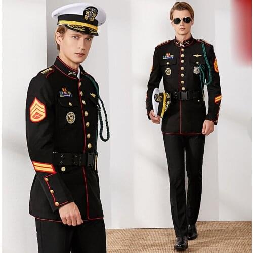 China US Europe Navy Stand Collar Single Button White Black Suits Warship Captain Seamans Uniform Security Work Suit Men