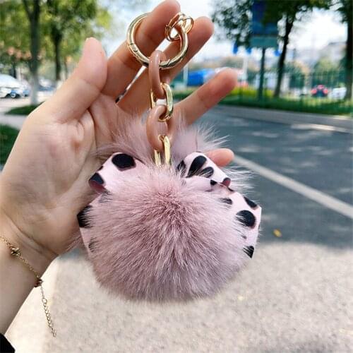 Trendy Korean Fashion Pompom Keychain Charms Cute Leopard Bowknot Fluffy Faux Fur Key Chain Ring Bag Charms Pendant Jewelry Gift