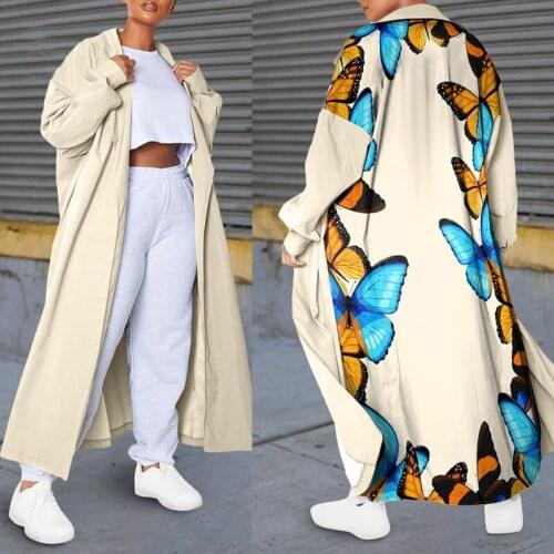 2021 European and American lapel fashion casual butterfly print cardigan long loose coat jacket lady office clothes Windbreaker