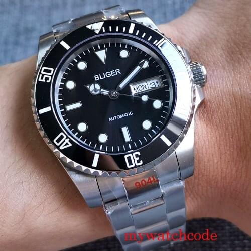 Bliger 40mm NH36A Automatic Mens Watch Sapphire Glass Date Week Function Rotating Bezel 904L Bracelet Luminous luxury Sub Watch
