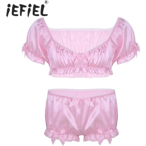 Mens Sissy Lingerie Underwear Soft Silky Crop Top with Bloomers Boxer Shorts Underwear Gay Boxer Homme for Male Sexy Nightwear