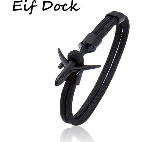 Eif Dock Trendy Black Airplane Anchor Bracelets Men Charm Rope Chain 550 Paracord Bracelet Male Wrap Metal Sport Hooks Jewelry