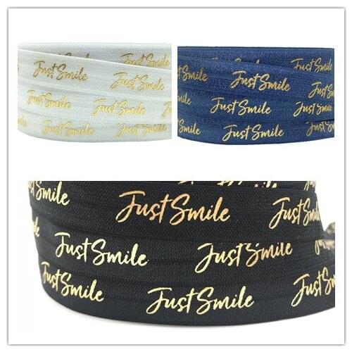 New Ribbon 5/8" Gold Foil ''Just Smile'' Printed Fold Over Elastic Ribbon Wedding Gift Pack Decor Hair Band Making 10yards/lot