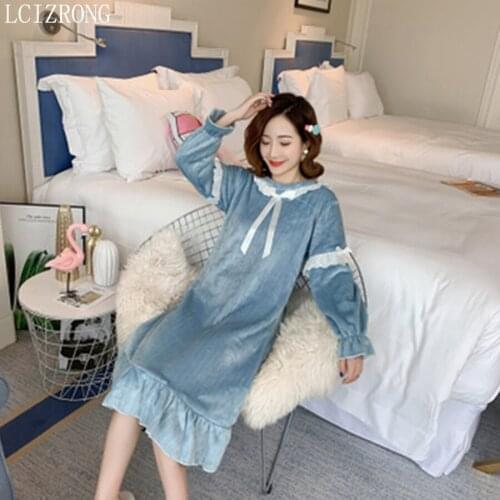 New Spring Coral Fleece Princess Women Night Dress Sweet Girl Long Sleeve Lace Midi Dress Sleepwear Plus Size Home Clothes