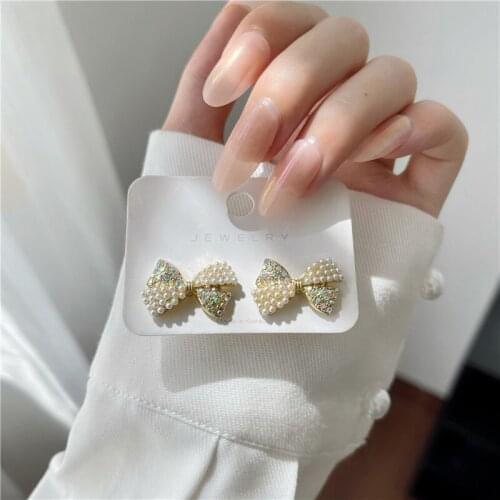 New Bowknot Elegant Sweet Clip Earrings Simulated-pearls Shining Womens Earrings