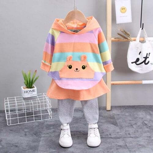Toddler Girl Autumn Suit Clothes Korean Long-Sleeved Color Striped Hooded Sweater Baby Princess Skirt Pants 2pcs Kids Clothes