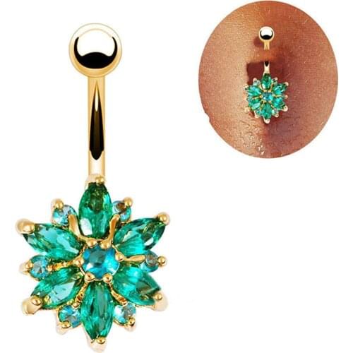 316L Stainless Steel Green Flower Crystal Navel Bars Gold Belly Button Ring Navel Piercing Jewelry