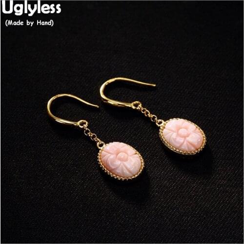 Uglyless Rare Natural Pink Shell Earrings for Women Handmade Carved Flower Fine Jewelry Gold Plated Solid 925 Silver Earrings