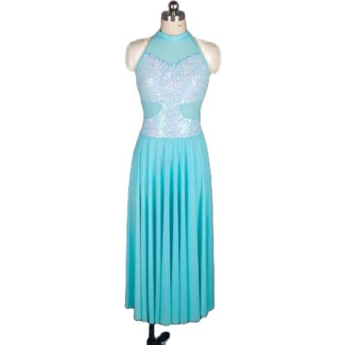 Halter Neck Design Blue Sequin Lace Dress for Ballet, Lyrical and Contemporary Dancing Stage Costume Long Leotard Dress 18436