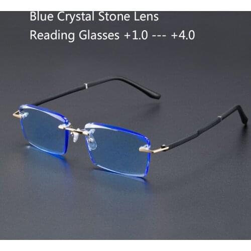 Reading Glasses Man Natural Crystal Stone Glass Lens Hyperopia Woman TR90 Blue Rimless Presbyopia Eyeglasses +1.5 2.0 3.5 +4.0