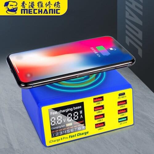 AC 100-240v LCD Digital Display 8 Port USB Smart Charger Support QC 3.0 Fast Charge With 10W Wireless Charge for iPhone Samsung