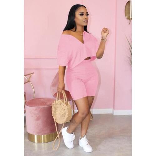 Casual Tracksuit 2 piece set Crop Top + Pants Short Sleeve Deep V-neck Summer Cloth For Women Outfits Solid 7 Color