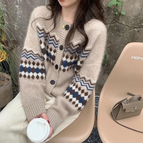 2021 Cardigan sweater Autumn Winter Print French style knit cardigan womens mid-length Vintage cardigan Thick Coats Khaki