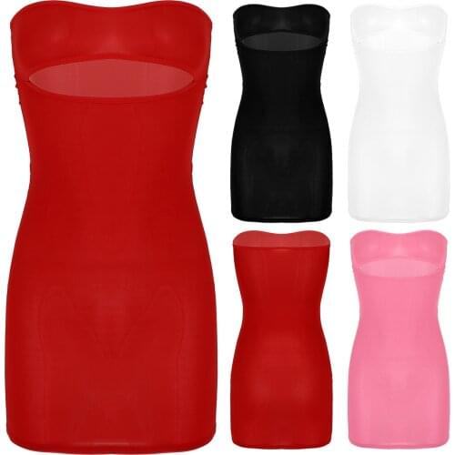 Womens Ice Silk Lingerie Strapless Chest Hollow Out Tight Tube Dress Erotic See Through Sheer Mini Dress Nightwear Sleepwear