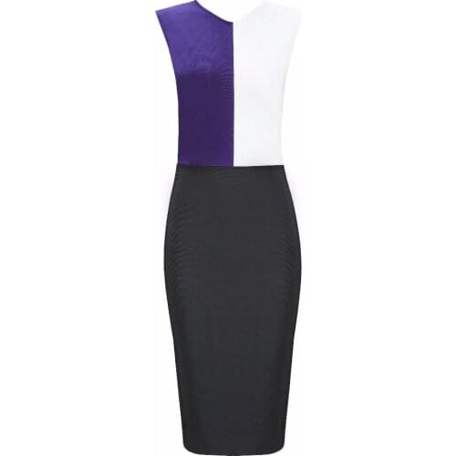 2018 Elegant Women Bandage Dresses Bodycon Midi Dress Fashion Black Blue and White Patchwork Vestidos Night Club Dresses