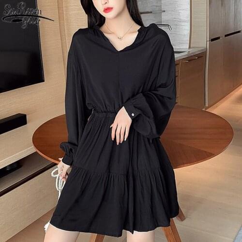 2021 Autumn New Korean Women Dress White Long Sleeve Mini DressTemperament Simple Drawstring V-neck High Waist Dresses 11421