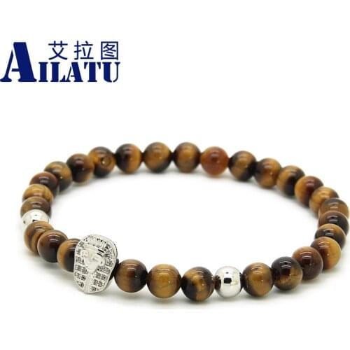 Ailatu New Arrival Macrame Bracelet Wholesale 6mm AAA Grade Tiger Eye Stone with Tutankhamun CZ Beads Pharaon Bracelets