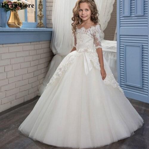 Boat Neck Ball Gown Half Sleeve Flower Girl Dresses 2020 Princess Dress With Bow Weddings First Communion Dress Pageant Gowns