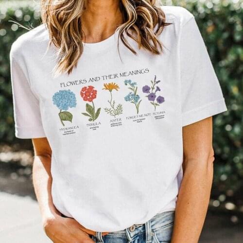 Flower Meanings Vintage Aesthetic Tumblr T Shirt Women Casual Floral Print Short Sleeve T-Shirts Graphic Tees Ladies Cute Tops