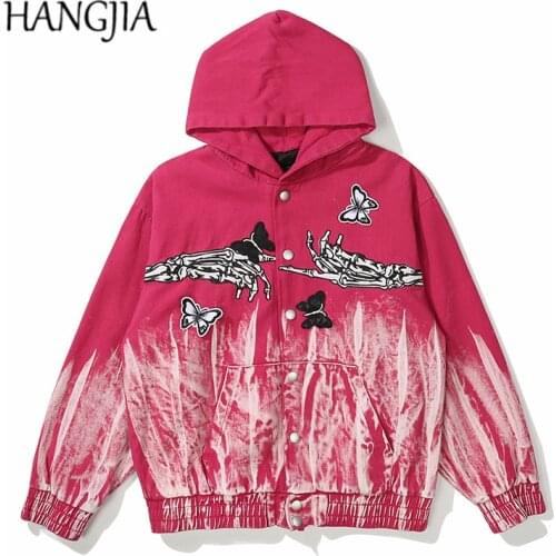 Hip Hop Splash Ink Spray Paint Distressed Hooded Denim Jackets Streetwar Skulls Butterfly Patchwork Embroidery Denim Outwear