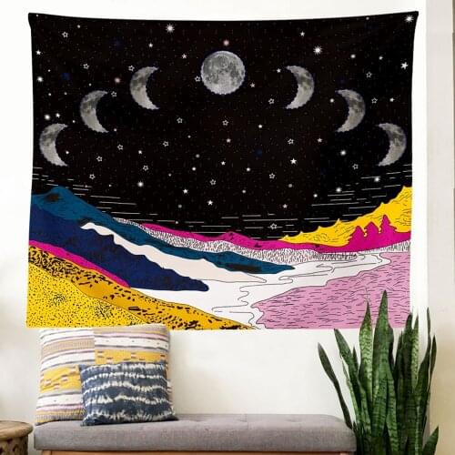 Moonlit Garden Tapestry, Moon Phase Tapestry Star Tapestries Psychedelic Mountain Flower Tapestry Wall Hanging for Room