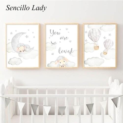 Cute Child Nursery Poster Lamb Moon Baby Animal Canvas Print Kawaii Sheep Wall Art Painting Nordic Kids Room Decoration Picture