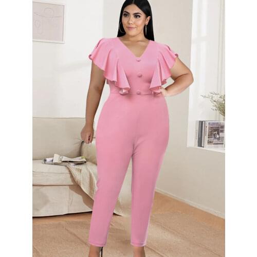 V Neck Bodycon Jumpsuits Plus Size 4XL Lovely Pink Short Ruffles Sleeve Birthday Party Occasion Event Overalls One Piece Outfit