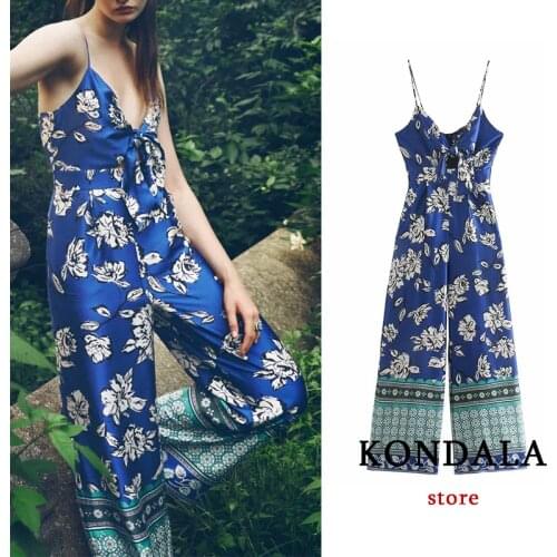KONDALA Za 2021 Women Chic Blue Floral Vintage Jumpsuits High Waist Wide Leg Bow Tie V Neck Sexy Jumpsuits Women Elegant Rompers