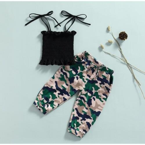 2Pcs Kid Girls Outfit Sweet Style Solid Color Lace Hem Sleeveless Elastic Suspender Tops + Camouflage Printing Long Pants